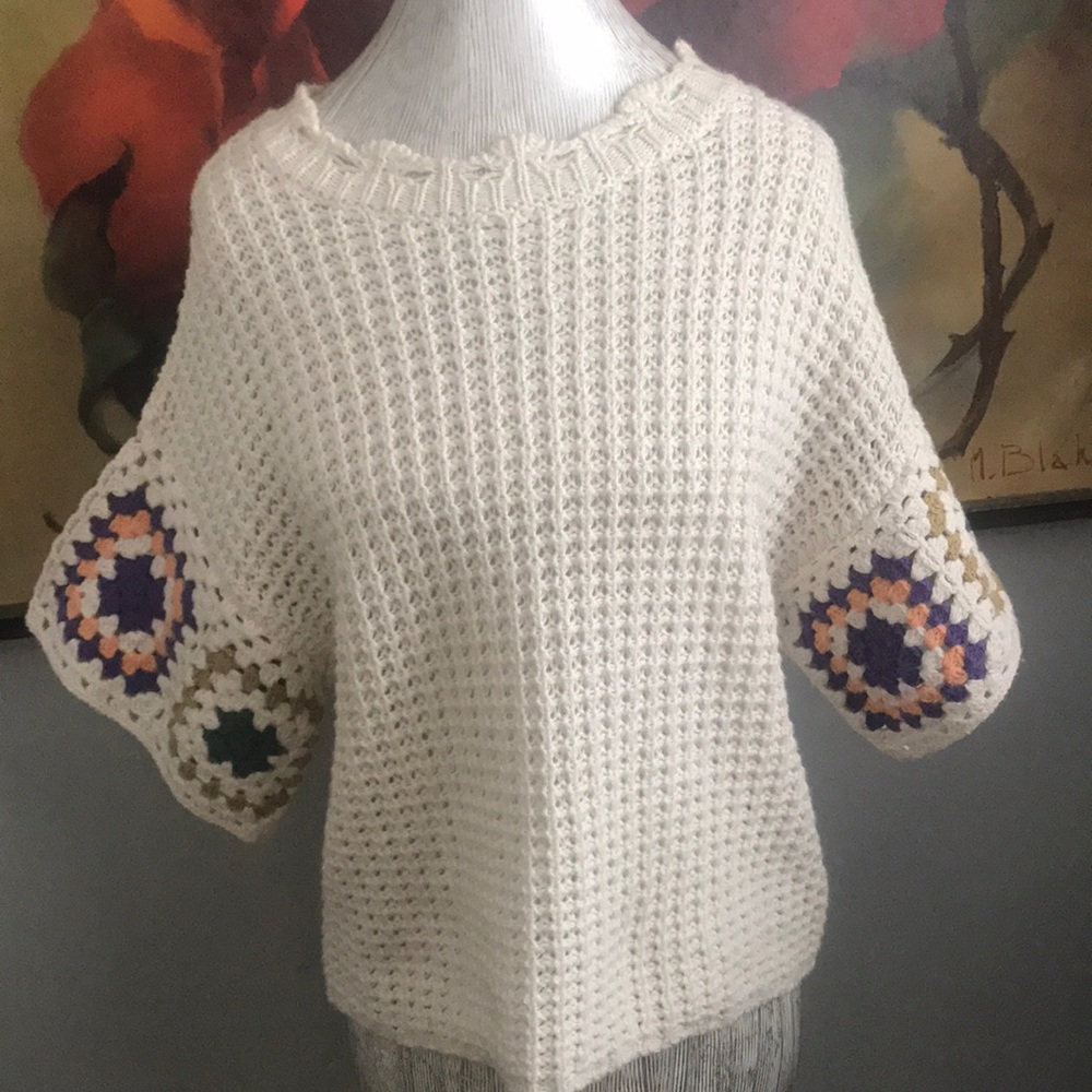 Cozy White Crochet Sweater with Colorful Accents